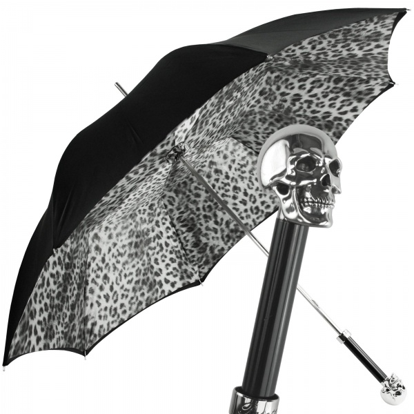 Glamour Snow Leopard Luxury Double Canopy Umbrella with Chrome Skull by Pasotti