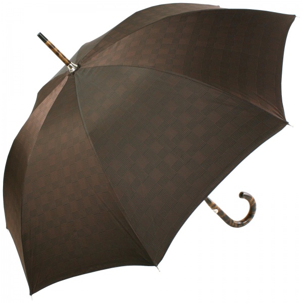 Luxury Gents Expresso Check Jacquard Umbrella with One-Piece Tiger Hickory Handle & Shaft by Pasotti
