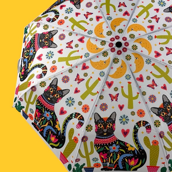 Kitty Cat and Florals Auto O&C Folding Art Umbrella by Naked Decor